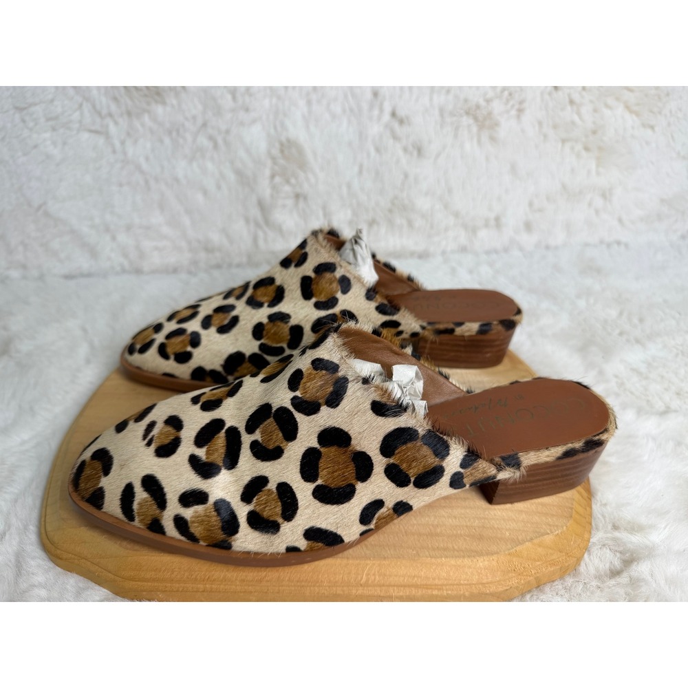 Coconuts by Matisse Leopard Calf Hair Mules Low Block Heel Animal Print Size 6M